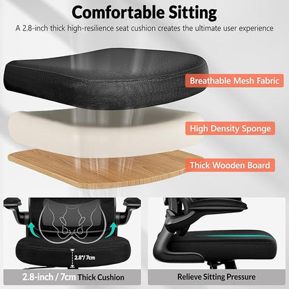 Office Chair Ergonomic Desk Chair, Breathable Mesh Comfy Chair with Lumbar Support, Computer Chair, Home Desk Chair with Flip-up Armrests, Gaming Chair for Adults Home Office (Black)
