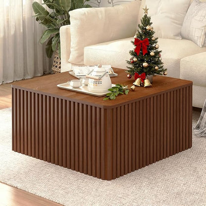 Fluted Square Coffee Table with Storage Large Wood Center Table with Solid Wood Veneer Top Mid Century Modern Low Coffee Table for Living Room, Rustic Brown
