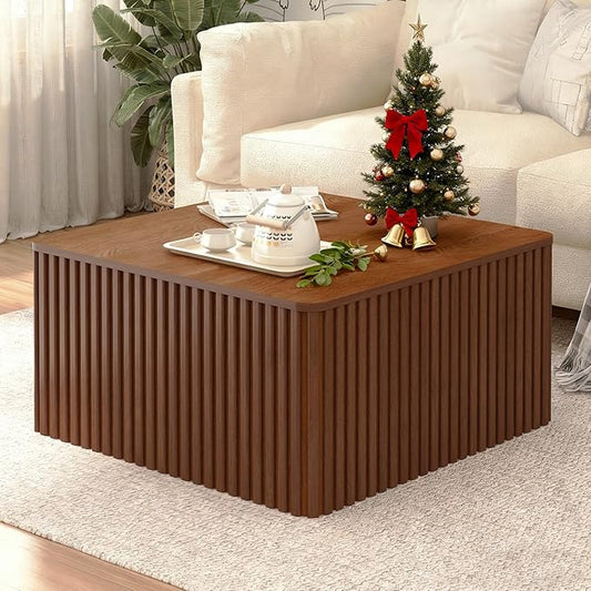 Fluted Square Coffee Table with Storage Large Wood Center Table with Solid Wood Veneer Top Mid Century Modern Low Coffee Table for Living Room, Rustic Brown