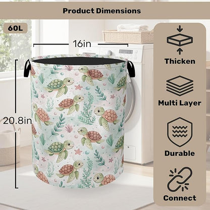 Cartoon Turtle Large Clothes Hamper Bag - Laundry Basket with Handles, Space Saving Foldable Design for Nursery