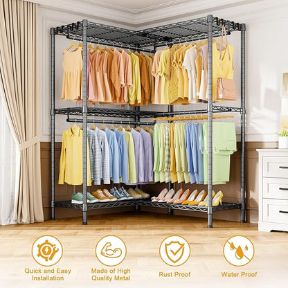 E15 Garment Rack L Shaped Clothes Rack for Corner，Freestanding Clothing Racks for Hanging Clothes，Heavy Duty Closet Organizer with 4 Hanging Rods & 8 S Hooks，43.4" W x 15.8" D x 78.4" H，Grey