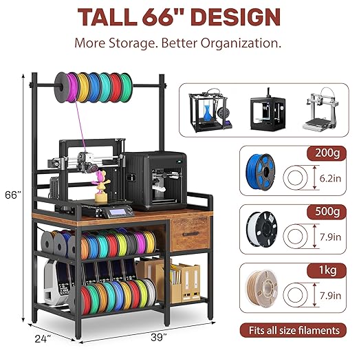 3D Printer Stand with Filament Storage – Tall 66" Heavy Duty Metal 3D Printer Table with Power Hub, Drawer & X-Bracket Stability for Workshop, Studio, Office