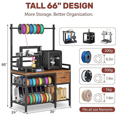 3D Printer Stand with Filament Storage – Tall 66" Heavy Duty Metal 3D Printer Table with Power Hub, Drawer & X-Bracket Stability for Workshop, Studio, Office