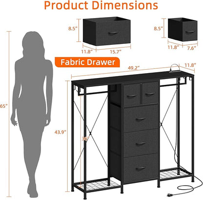49.2”W Dresser with 2 Hanging Racks, 5 Drawers Dresser with LED Lights & Charging Station, Dressers with Clothes Rack, Shoe Racks and Side Hooks, TV Stand Chest of Drawers for Bedroom, Black
