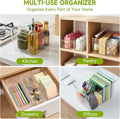 YKIOKE 8 Pack Clear Plastic Storage Bins with Handles,4 Large and 4 Small Stackable Organizer Containers for Kitchen, Countertops, Cabinets, Fridge, Drinks, Fruits, Vegetable, Cereals