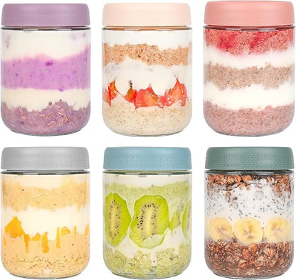 Xileanalee Overnight Oats Containers with Lids 6 Pack-16 Oz Mason Jar with Lids-Overnight Oats Jars Glass Food Storage Containers for Chia Seed Pudding Salad Cereal Coffee Spices