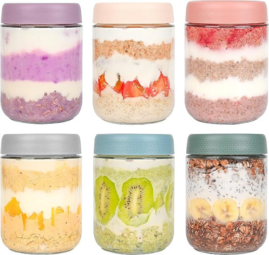 Xileanalee Overnight Oats Containers with Lids 6 Pack-16 Oz Mason Jar with Lids-Overnight Oats Jars Glass Food Storage Containers for Chia Seed Pudding Salad Cereal Coffee Spices