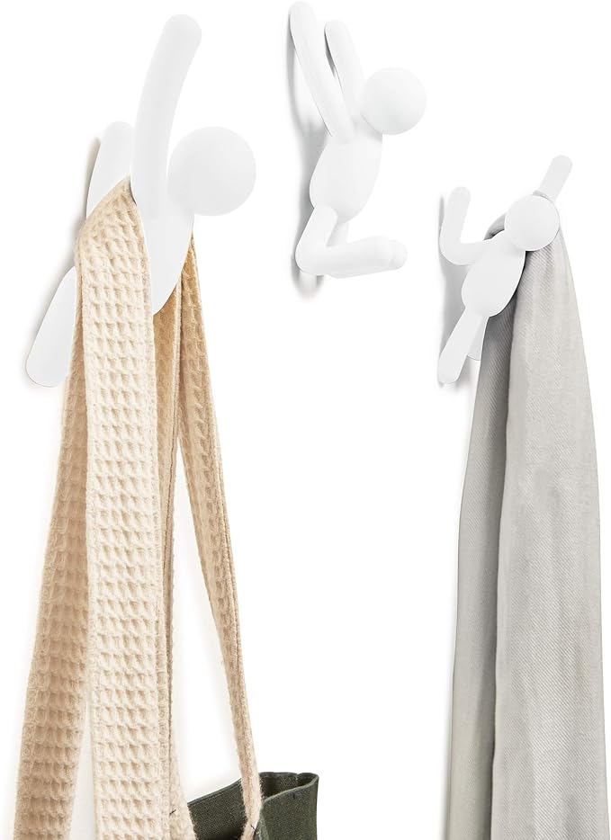 Umbra Buddy Wall Hooks – Decorative Wall Mounted Coat Hooks for Hanging Coats, Scarves, Bags, Purses, Backpacks, Towels and More, Set of 3, White