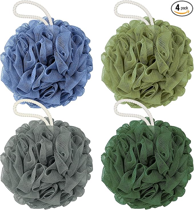 Rnoafmu Shower Loofah Bath Sponge, 60G Loofah Exfoliating Body Scrubber, 4 Color Mesh Shower Pouf Balls for Body Wash (Blue Gray Green Dark Green)