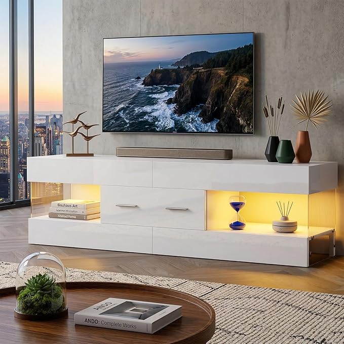 Bestier TV Stand for 55/60/65 Inch TV, High Gloss Modern TV Stand with Stone-Patterned Side Panels, LED Entertainment Center with Large Drawer, TV Consoles for Living Room, Bedroom, Glossy White