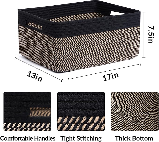 MiniArk Large Storage Baskets for Shelves, Closet Organizers Bins for Clothes Blanket Towels, Baby Nursery, Toy Baskets Box, Woven Rope Baskets, 17 x 13 x 7.5”, 3 Packs Woven Brown
