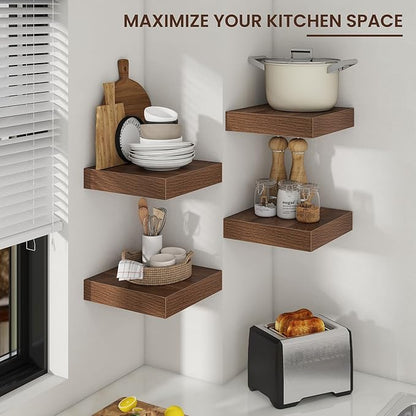 Square Floating Shelves for Wall, 12" W x 12" D x 2" H, 2 Pack, Small Wall Mounted Engineered Wood Shelves with Invisible Brackets for Living Room, Bedroom, Bathroom, Kitchen Decor, Walnut