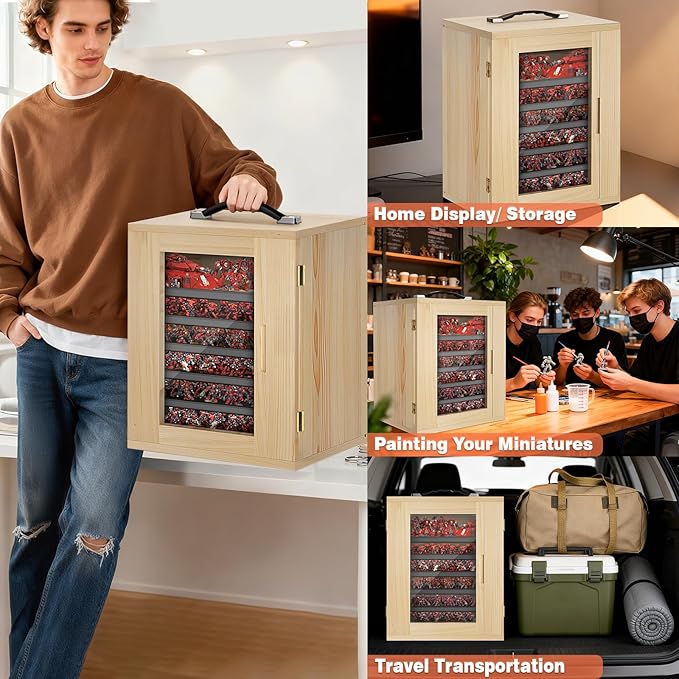 WELIDAY Miniature Storage Case for Collectibles, Miniature Display Cases with Magnetic Door and 6 Trays, Clear View Miniatures Transport Case (Wooden)