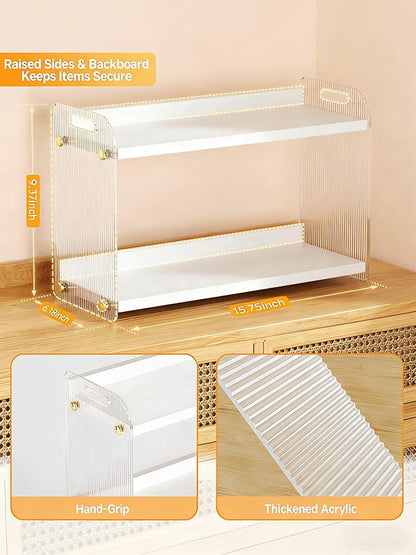 2 Tier Coffee Station Organizer - Acrylic & Pine Wood coffee bar shelf, Easy-to-Clean matcha station for Kitchen Countertops, for Placing Mugs, Coffee Beans, Syrup etc.(15.75" x6.18" x 9.37") - White