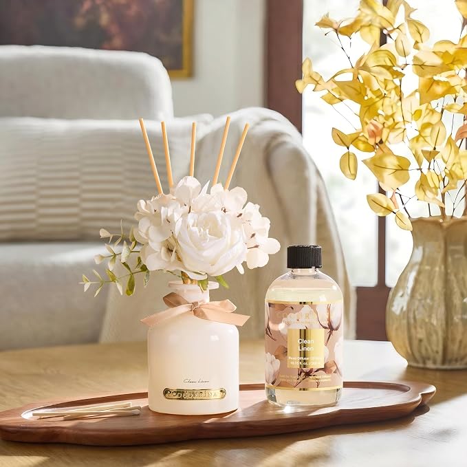 Cocorrína Reed Diffuser Refill Clean Linen 10.14oz (300ml) with 8 Sticks - Premium Long-Lasting Floral Essential Oil, Home Fragrance for Bedroom, Bathroom Home Decor