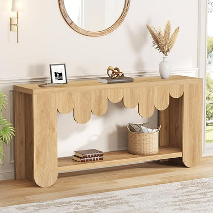 IBF 63” Long Console Table, Farmhouse Wood Entryway Table with Storage Shelf, 2-Tier Sofa Table Behind Couch for Home Living Room, Modern Rectangular Entry Table for Hallway Entrance Foyer, Oak
