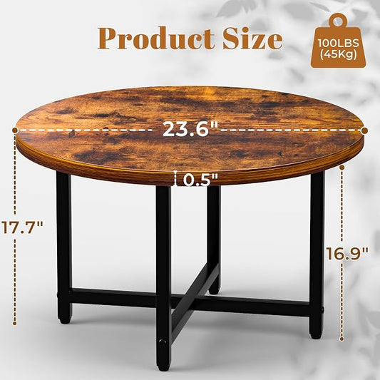 FAMIDGE Round Coffee Table, Small Coffee Tables for Living Room, Wood Coffee Table with Metal Frame, Floor Table Desk for Sitting on The Floor, Home, Office, Farmhouse, Rustic Brown (23.6"D x 17.7"H)