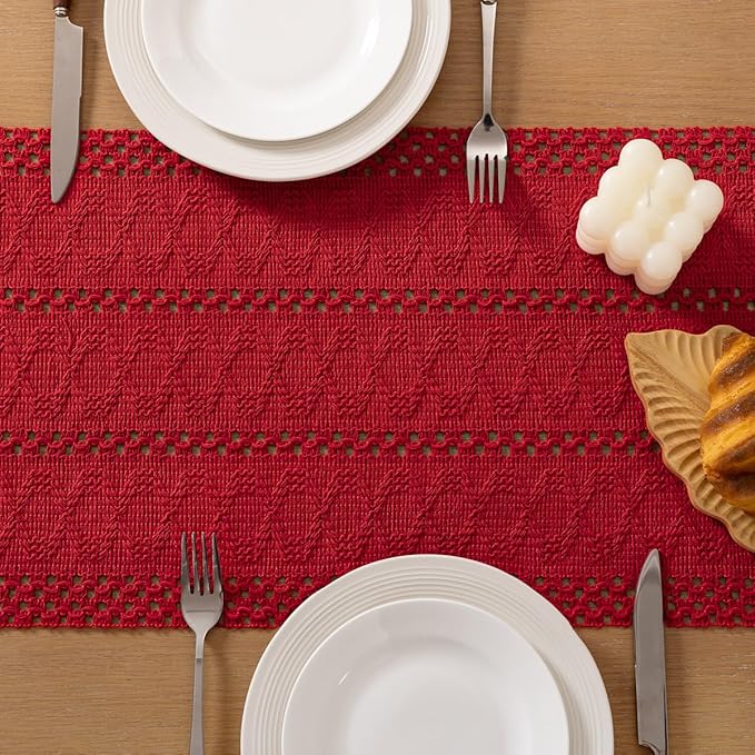 Socomi Boho Table Runner Valentine's Day Farmhouse Rustic Dining Kitchen Centerpiece Decor Small Macrame Woven Cotton Linen Coffee Table Runner for Dresser Scarf Home Decor 12x60 in Red