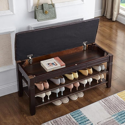 Shoe Storage Bench with Cushion, Entry Bench with Storage Solid Wood Shoe Bench Ideal for Entryway Living Room and Corridor (Brown 39.4'')
