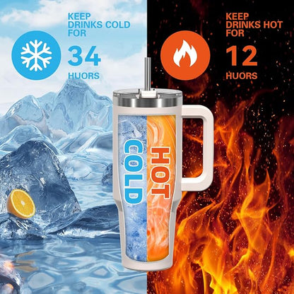 40 oz Tumbler with Handle,Tumbler with Lid and Straw,Double Wall Insulated Cup Stainless Steel Travel Mug(Cold for 34 Hours),Water Bottle for Iced Tea,Coffee,Cold Beverages(Ivory Beige)