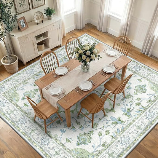 RELEANY Area Rugs Square 10ft Washable Non-Slip, Floral Vintage Distress Medallion Carpet for Living Room Bedroom Dining Room, Green White Blue
