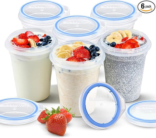 BubbleWally JoyPlus Overnight Oats Containers with Lids Plastic (Blue) - Meal Prep Containers Reusable for Food Storage – 16oz Jars for Breakfast, Snacks, and Lunch