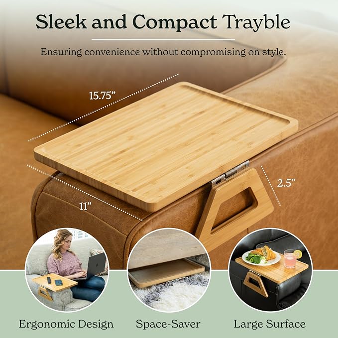 Shamrock Home Bamboo Trayble Couch Arm Table, Clip On Tray Sofa Table for Couches. Sofa Arm Tray for TV Dinners, Remotes, Drinks, Snacks and Small Spaces - 15.75 x 11inch, Beige