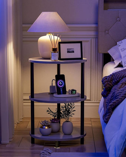 Small Round Side Table - 3-Tier Oval Accent Table for Small Spaces, Rustic Wood and Metal Nightstand for Living Room or Bedroom, Built-in USB Ports and Power Outlet, Greige