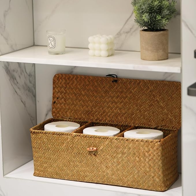 Seagrass Tank Basket with Lid Woven Toilet Roll Storage Basket with Sections Rectangular for Organize Snack Toys Tampon (Large Compartment 16.5inch L x 5.5inch W x 5.5inch H) Natural