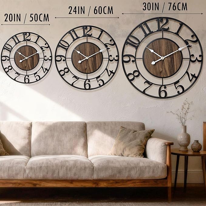 Tixmtry Large Metal Wall Clock, 24 Inch Retro Decorative Silent, Non Ticking, Battery Operated Modern Big Wood Wall Clock for Living Room, Farmhouse, Bedroom, Fireplace, Kitchen, Office, Home Decor