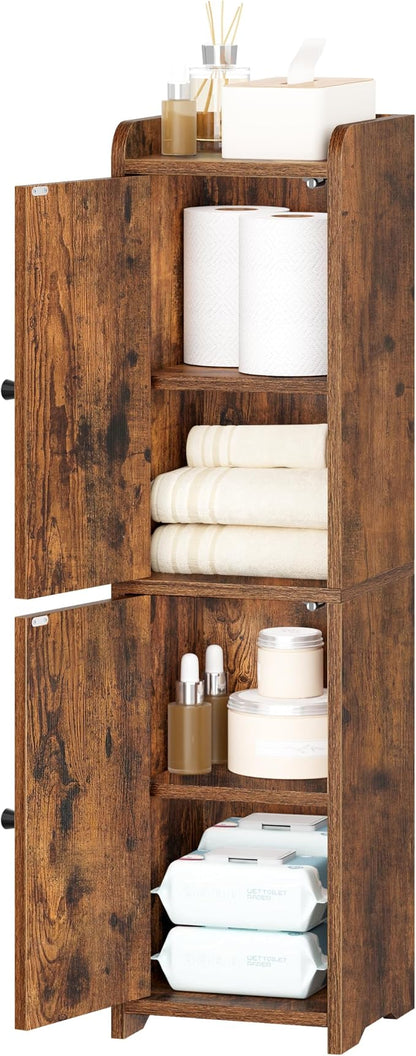 Hzuaneri Bathroom Storage Cabinet, Small Corner Floor Cabinet with 2 Doors and Adjustable Shelf, Narrow Toilet Paper Cabinets, Bathroom Organizer for Small Spaces, 7.9"D x 7.9"W x 29.5"H Rustic Brown