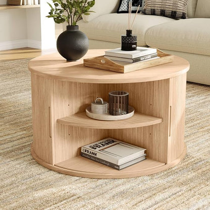 LINSY HOME Round Coffee Table, 31.5" Drum Coffee Table with Sliding Tambour Door, Fluted Accent Center Table with Storage, Mid Century Modern Coffee Table for Living Room, Oak
