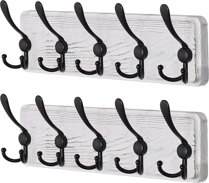 Dseap Coat Rack Wall Mounted - 5 Tri Hooks, Heavy Duty, Wooden Wall Coat Hanger Coat Hook for Clothes Hat Jacket Clothing, White & Black, Pack of 2