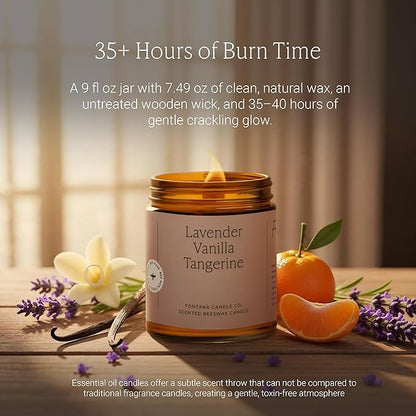 Fontana Candle Co Wood Wick Beeswax Jar Candles, Lavender Vanilla Tangerine - Made with Coconut Oil & Pure Essential Oils – Clean Burn, Long Lasting and Non-Toxic Candles for Home & Room Decor