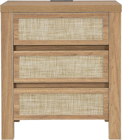 XIAO WEI 3 Drawers Rattan Nightstand with Charging Station, Boho Bedside Table, Farmhouse End Table for Bedroom, Wood Accent Bed Side Table with Storage, Reclaimed Light Oak