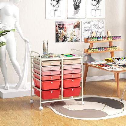LDAILY 12 Drawer Rolling Storage Cart, Craft Cart Organizer on Wheels w/Metal Frame, Large Capacity & Smooth Drawer, Rolling Cart w/Drawers for Classroom, Office