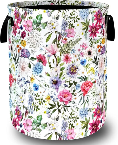 Watercolor Flower Floral Laundry Basket Foldable With Handles Tote Bag Oxford Cloth Colorful Laundry Hamper Clothes Storage Bucket Toy Organizer 18.9" x 16.5" For Bathroom/Laundry/Bedroom