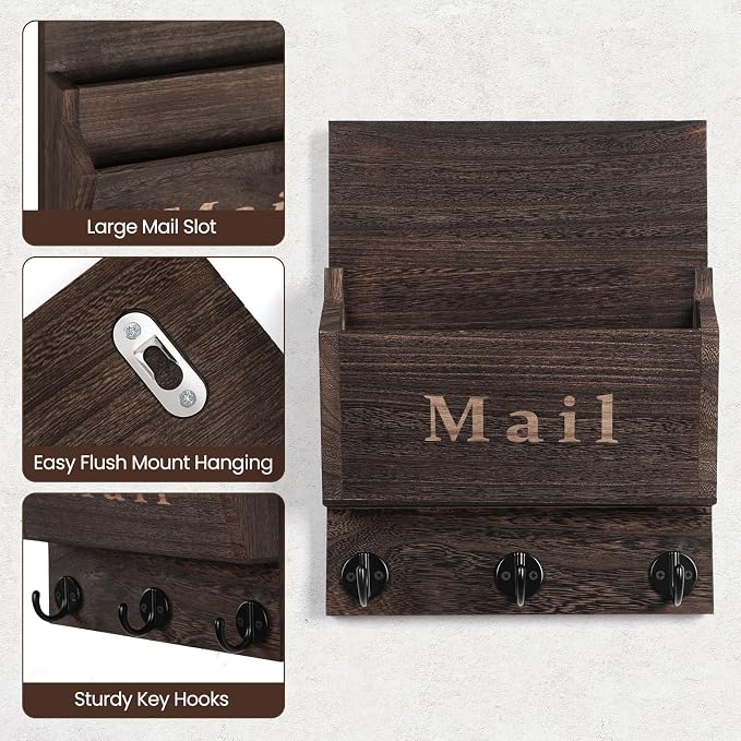 Mail and Key Holder - Decorative 8.86" x 11.42" Wall Key Hanger with 2 Mail Organizer Slots and 3 Hooks - Real Paulownia Wood with Keyhole Brackets, Hardware and Instructions (Brown)