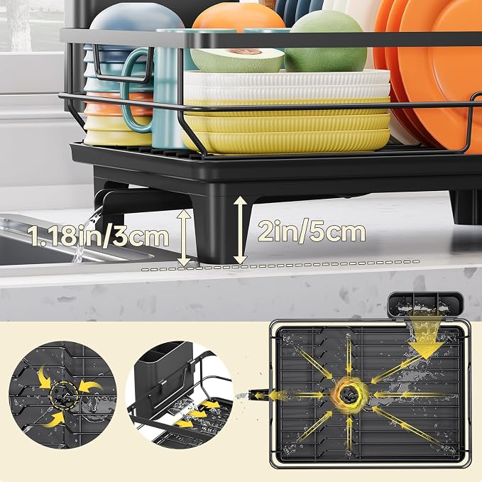TOOLF Dish Drying Rack, Small Dish Racks for Kitchen Counter, Stainless Steel Sink Organization and Storage Essentials with Cutlery Holder, Dish Drainer, Home and Appartment Decor, Black