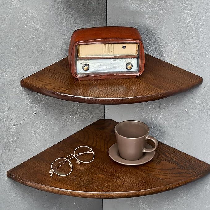 Conamily Corner Shelves, Floating Corner Shelf, Set of 2 12inch Solid Oak Wood Corner Wall Shelves, Round End with Wire Hole for Small Plant for Bedroom Kitchen, Living Room