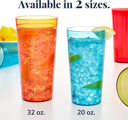 US Acrylic Cafe Plastic Reusable Tumblers (Set of 16) 20-ounce Water Cups Assorted Colors | Restaurant Style Drinking Glasses Value Set, Stackable, BPA-free, Made in the USA | Top-rack Dishwasher Safe