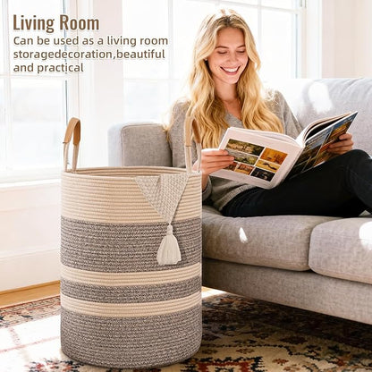 Degeyoyo 60L Striped Laundry Basket, Dark Brown Laundry Hamper with Leather Handles, Woven Cotton Rope Storage Bin for Blankets, Nursery Hamper for Clothes, Toys In Bathroom, Livingroom, Bedroom