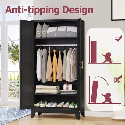 Metal Wardrobe Cabinet with Hanging Rod, 71" Metal Clothing Storage Cabinets with 2 Doors and Adjustable Shelves, Black Armoire Wardrobe Closet for Bedroom, Laundry Room, Cloak Room