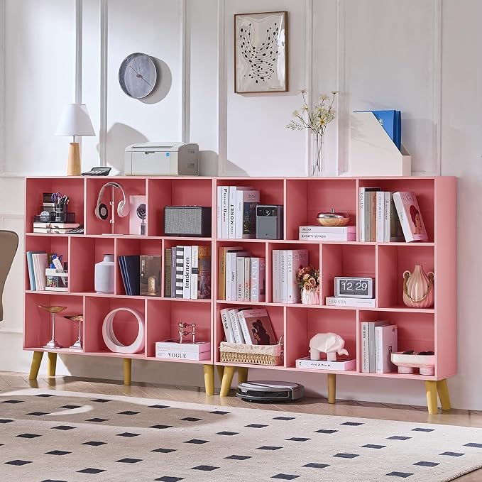 LEYAOYAO 10 Cube Bookshelf,3 Tier Modern Wide Bookcase with Legs,Mid-Century Wood Bookshelves Storage，Light Pink Large Book Case,Freestanding Organizer Display Shelf for Bedroom,Living Room,Office