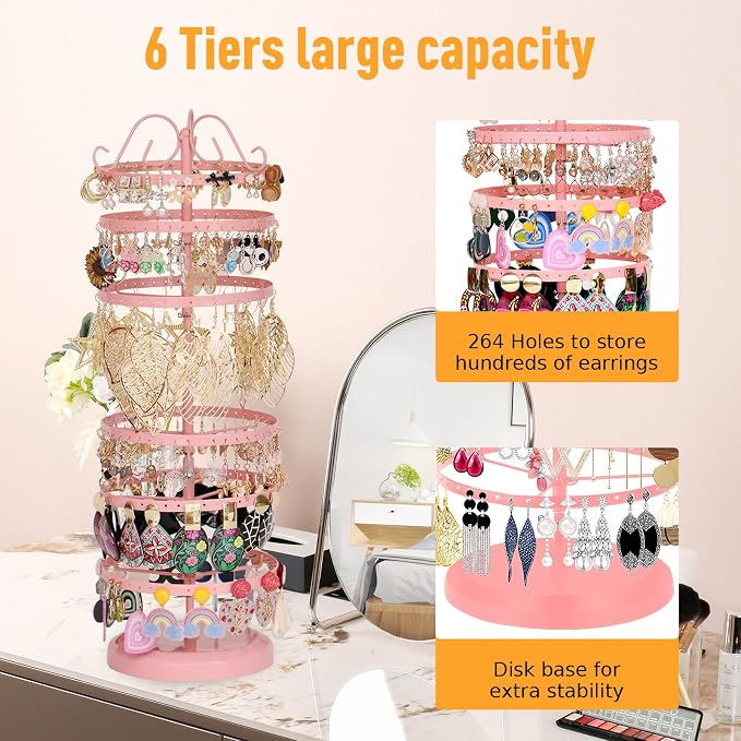 17Dec 6 Tier Rotating Jewelry Organizer Stand, 230 Holes Earring Holder Organizer for Women Girls, Spinning Earring Tree with Ring Holder, Wide Base for Bracelets Watches Lipstick