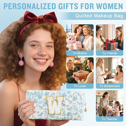 Personalized Quilted Cosmetic Bag, Puffy Monogrammed Christmas Birthday Gifts for Women & Girls, Cute initial Floral Makeup Bag Puffer Coquette Bag, Aesthetic Travel Toiletry Zipper Pouch(Blue,W)