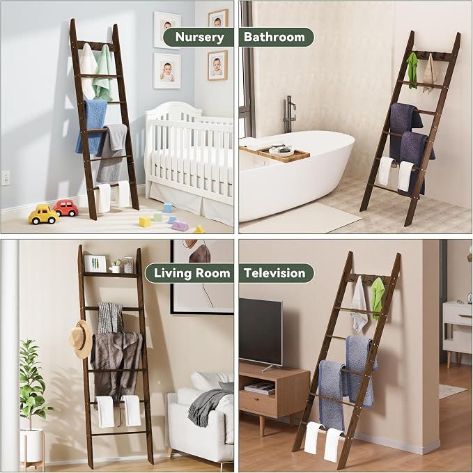 6-Tier Blanket Ladder for Living Room, 5.6FT Pine Wood Quilt Rack with 4 Anti-Slip Straps and 4 Removable Hooks, Lightweight, Easy Assembly, Hinged Design, Farmhouse Decorative Shelf
