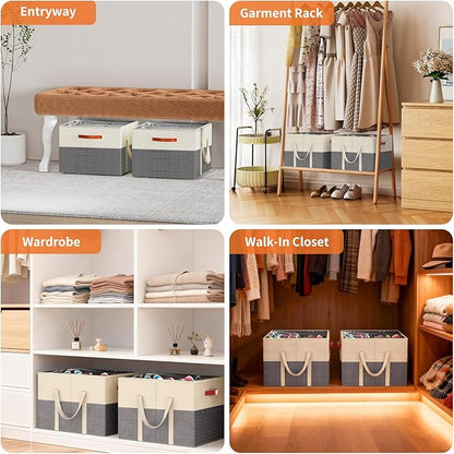 Aokeyee Shoe Organizer for Closet, 2 Pack Foldable Shoe Storage Organizer Box w/Clear Cover and Reinforced Handles, Space Saving Shoes Bin Fits up to 16-32 Pairs, Beige and Grey