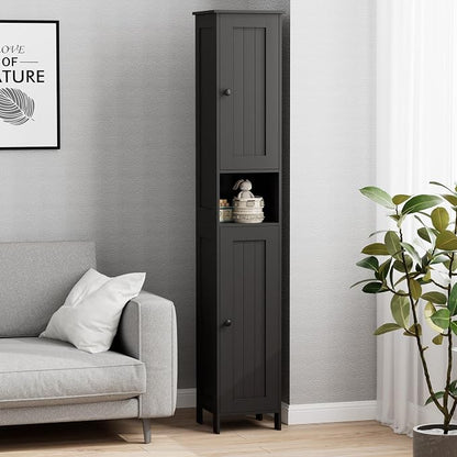 Homleke Tall Bathroom Storage Cabinet with 2 Doors, 67"H Narrow Storage Cabinet with Adjustable Shelves& Anti-Tip Design, Reversible Door Installation, Easy Assembly, 11.8 x 11.8 x 66.9 Inches, Black
