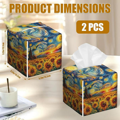 Starry Night Sunflower Tissue Box Cover 2PCS, Leather Tissue Box Holder Square Facial Paper Case Tissue Box Cube Organizer for Bathroom Bedroom Desk Office